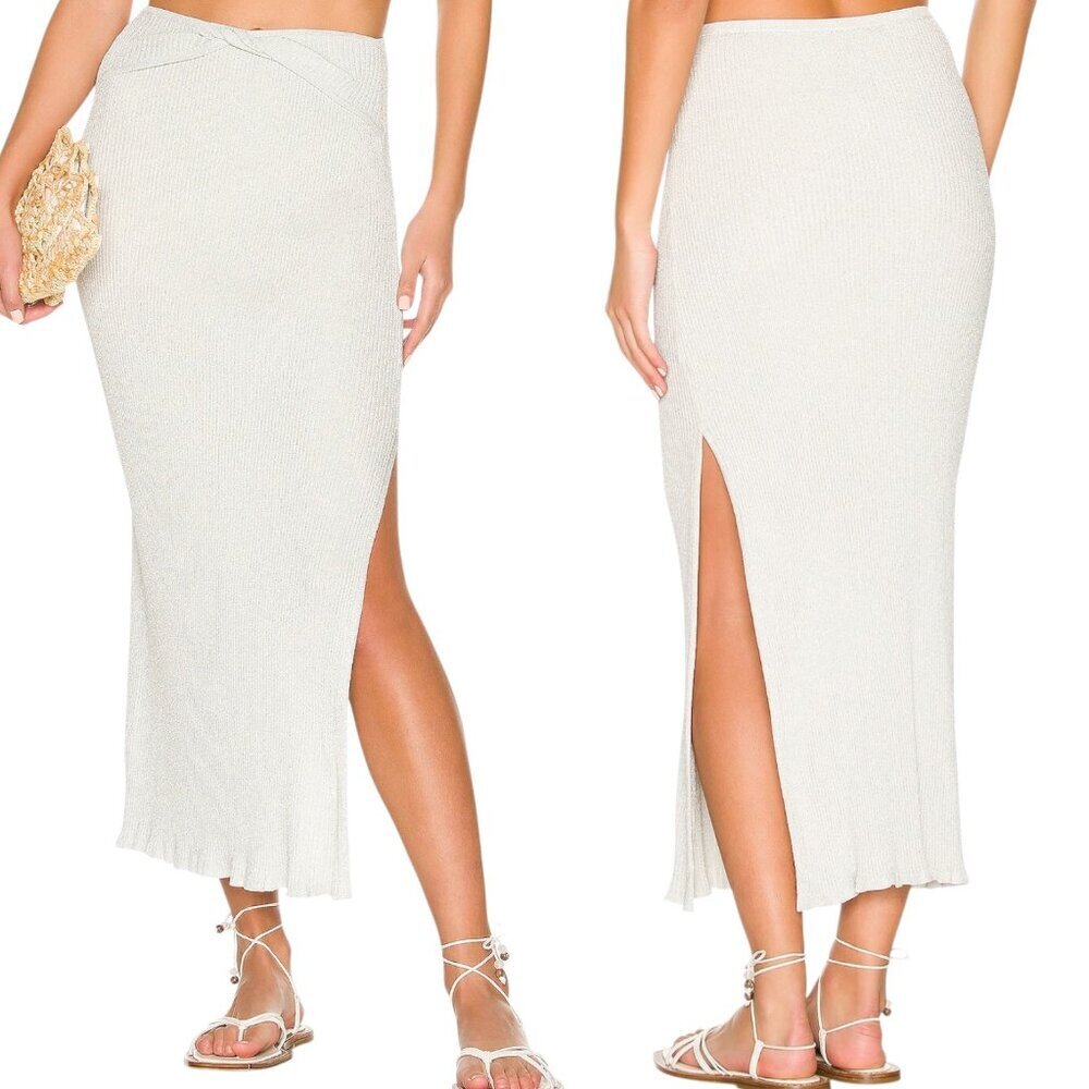 Devon Windsor - Women’s ‘Kade’ Midi Skirt, Metallic Ribbed, Slit - Silver Small
